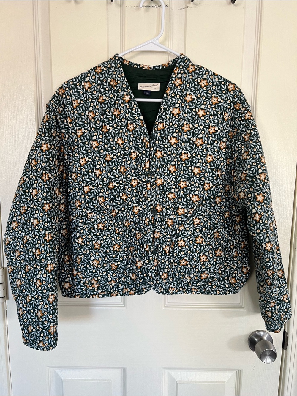 Universal Thread Floral Boxy Quilted Jacket Green Cotton Blend Lightweight Coat